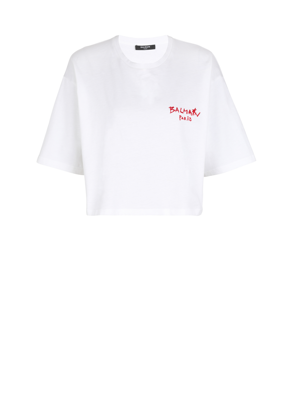 T-shirt court en coton floqué petit logo graffiti Balmain, blanc, hi-res