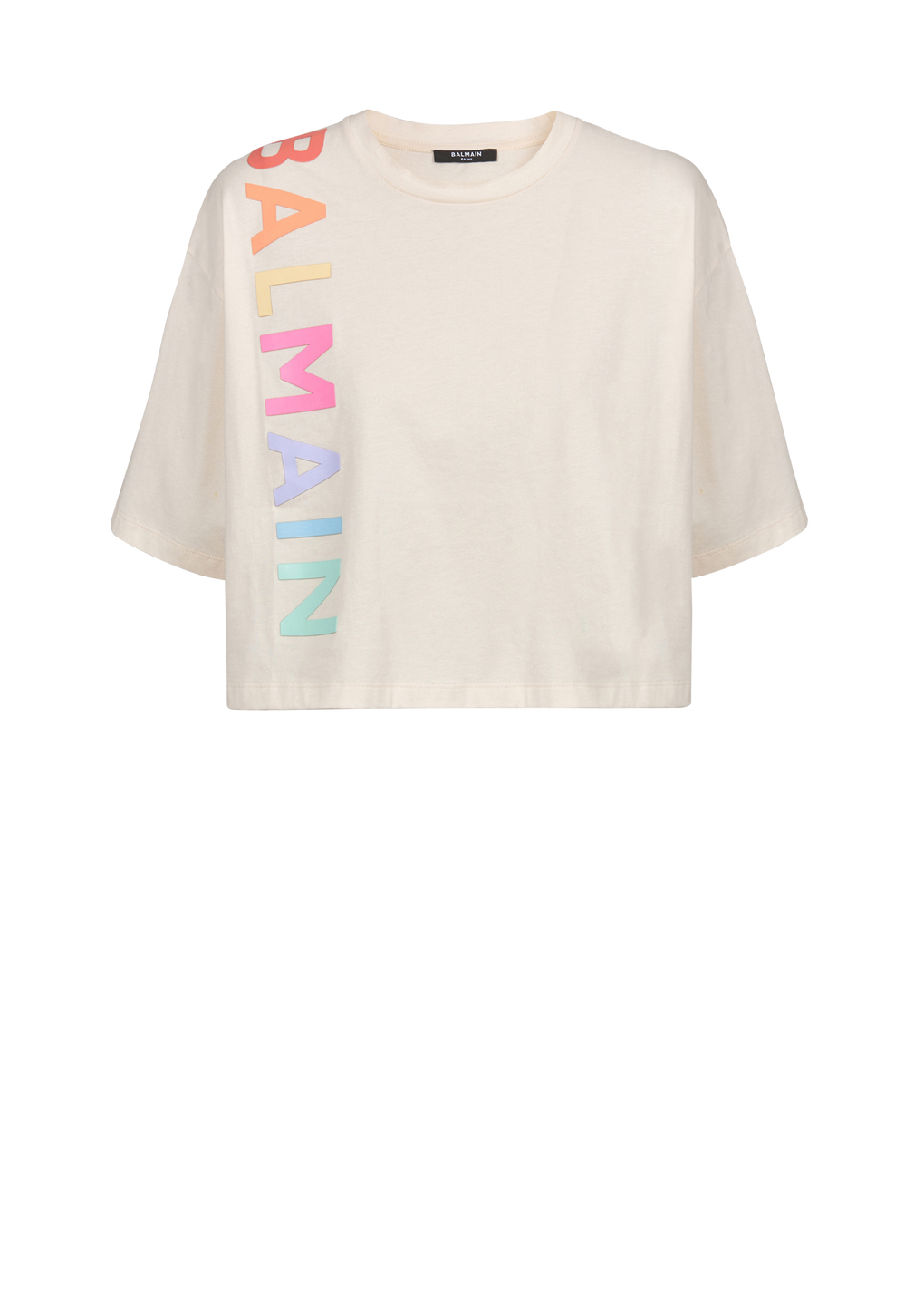 T-shirt court en coton imprimé logo Balmain, beige, hi-res