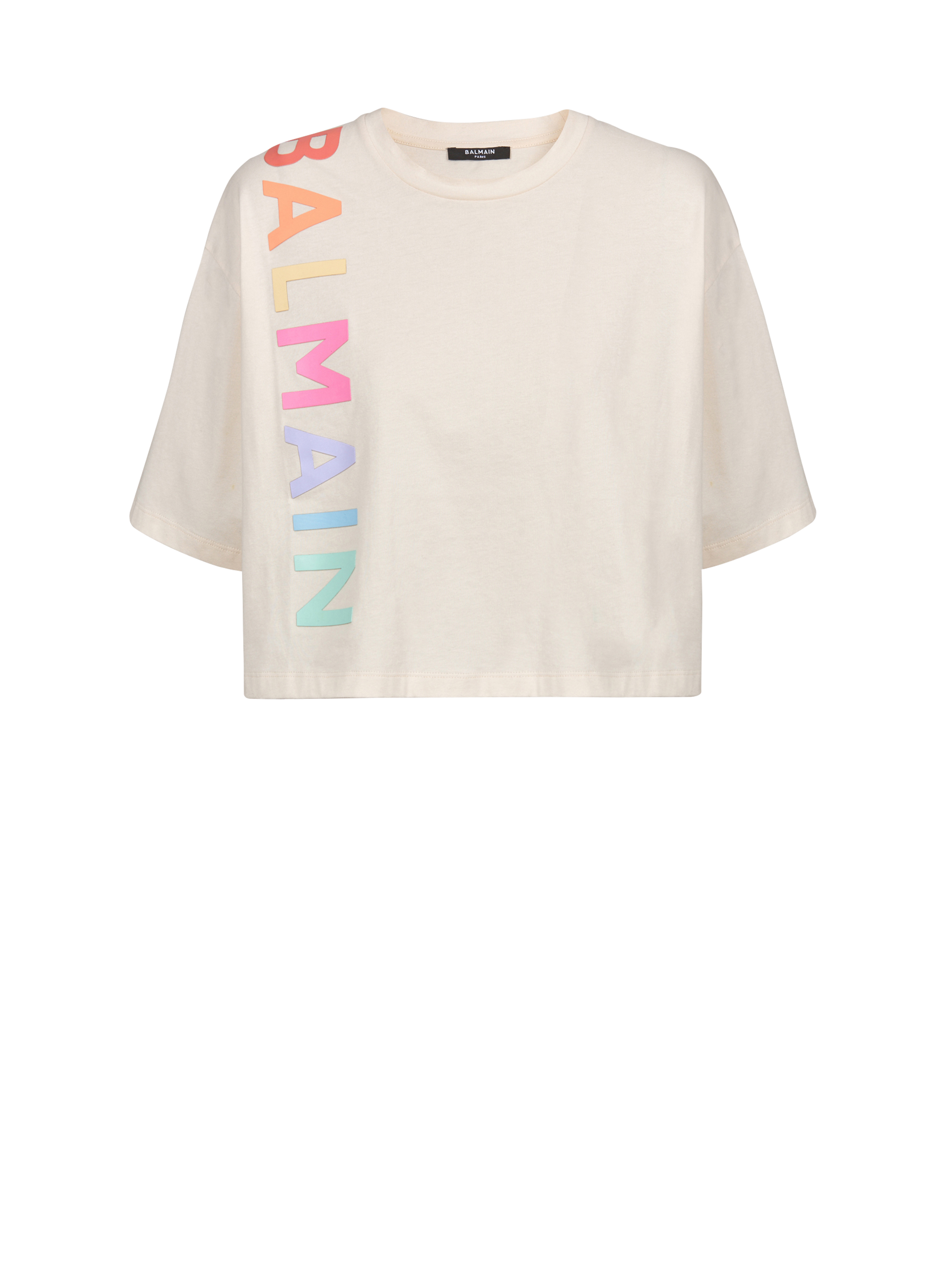 T-shirt court en coton imprimé logo Balmain, beige