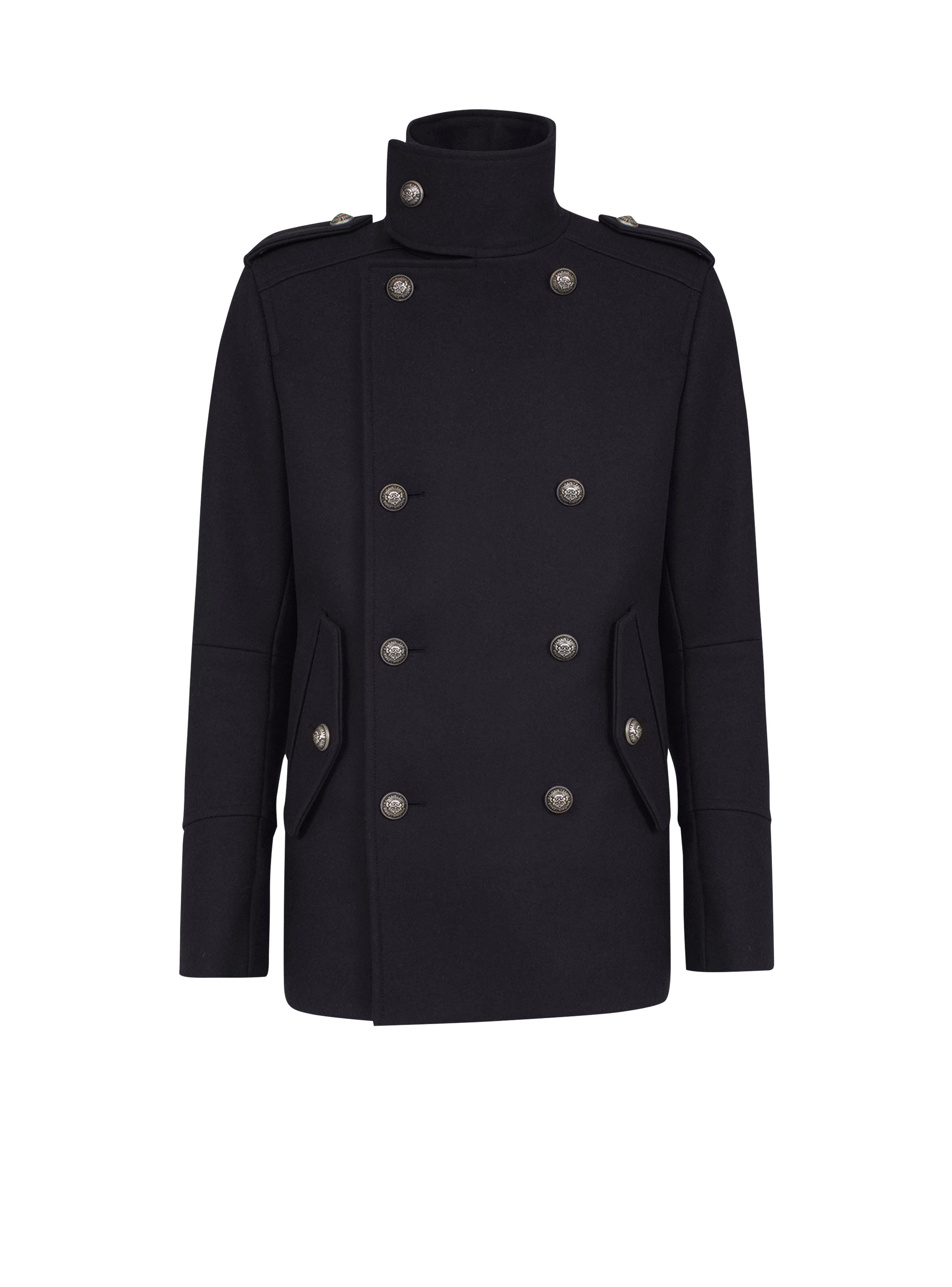 Wool military pea coat with double-breasted silver-tone buttoned fastening, black
