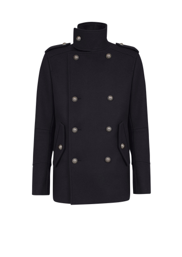 Wool military pea coat with double-breasted silver-tone buttoned fastening