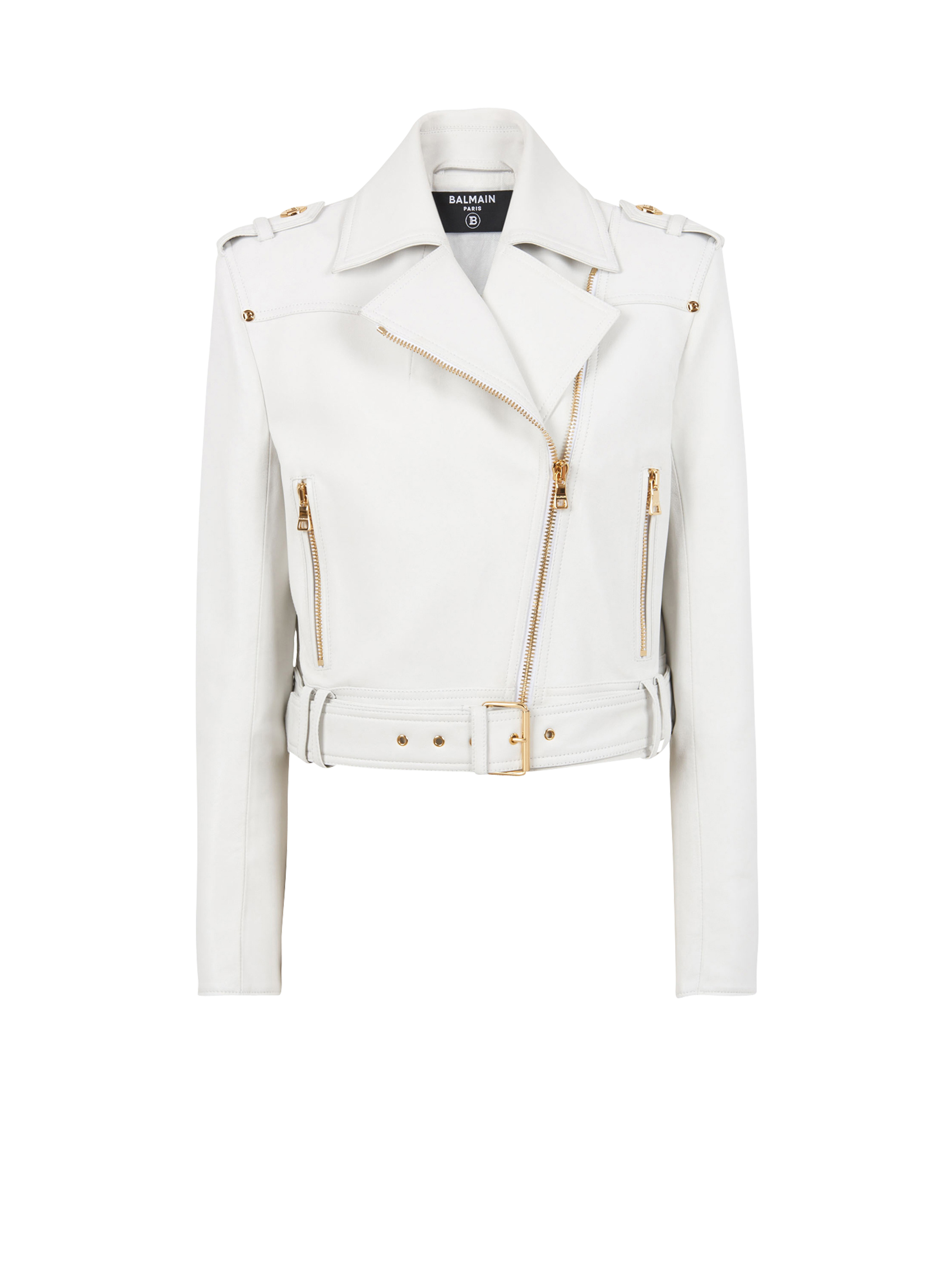 Cropped leather biker jacket, white