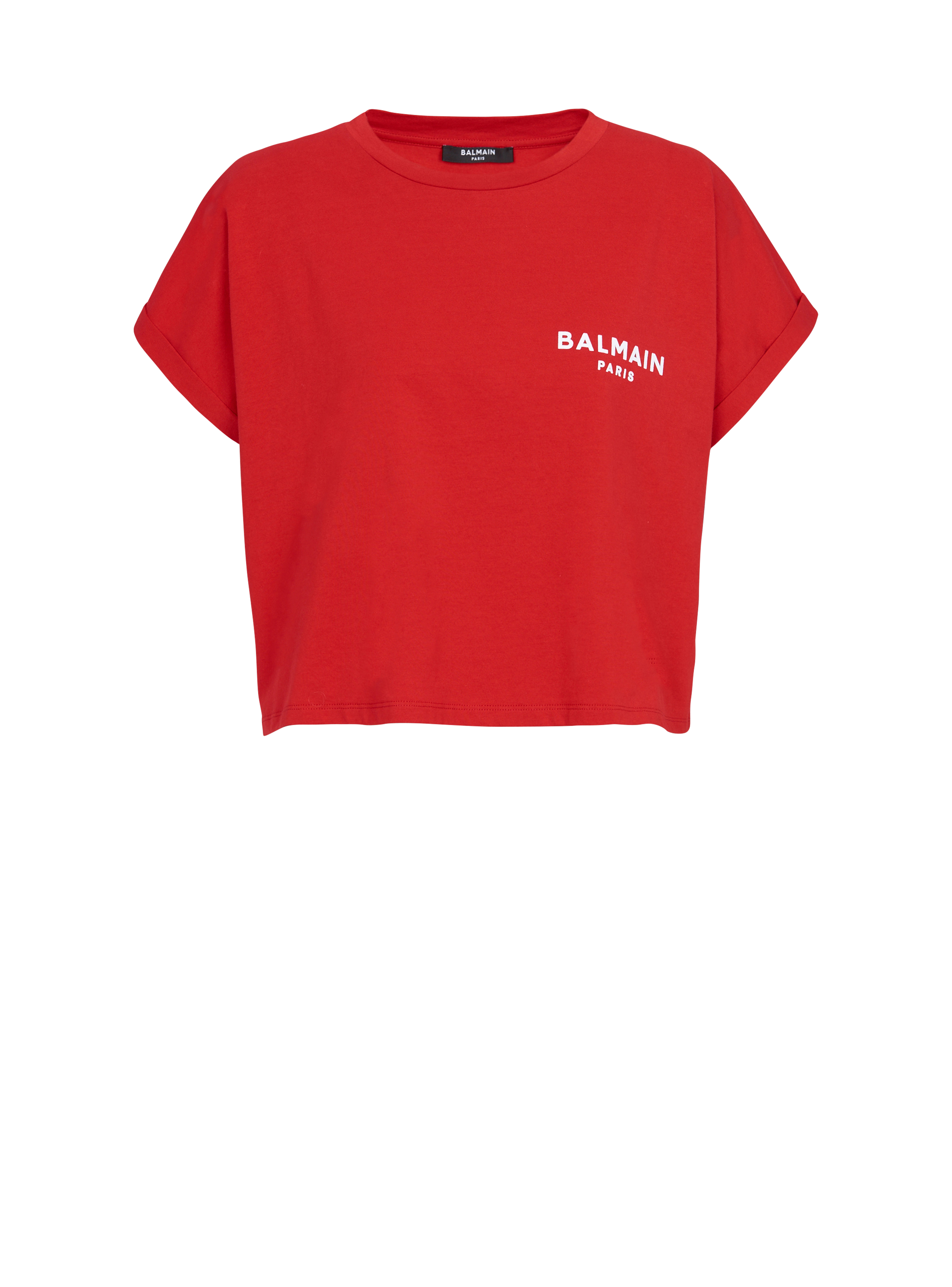 T-shirt court en coton floqué petit logo Balmain, rouge