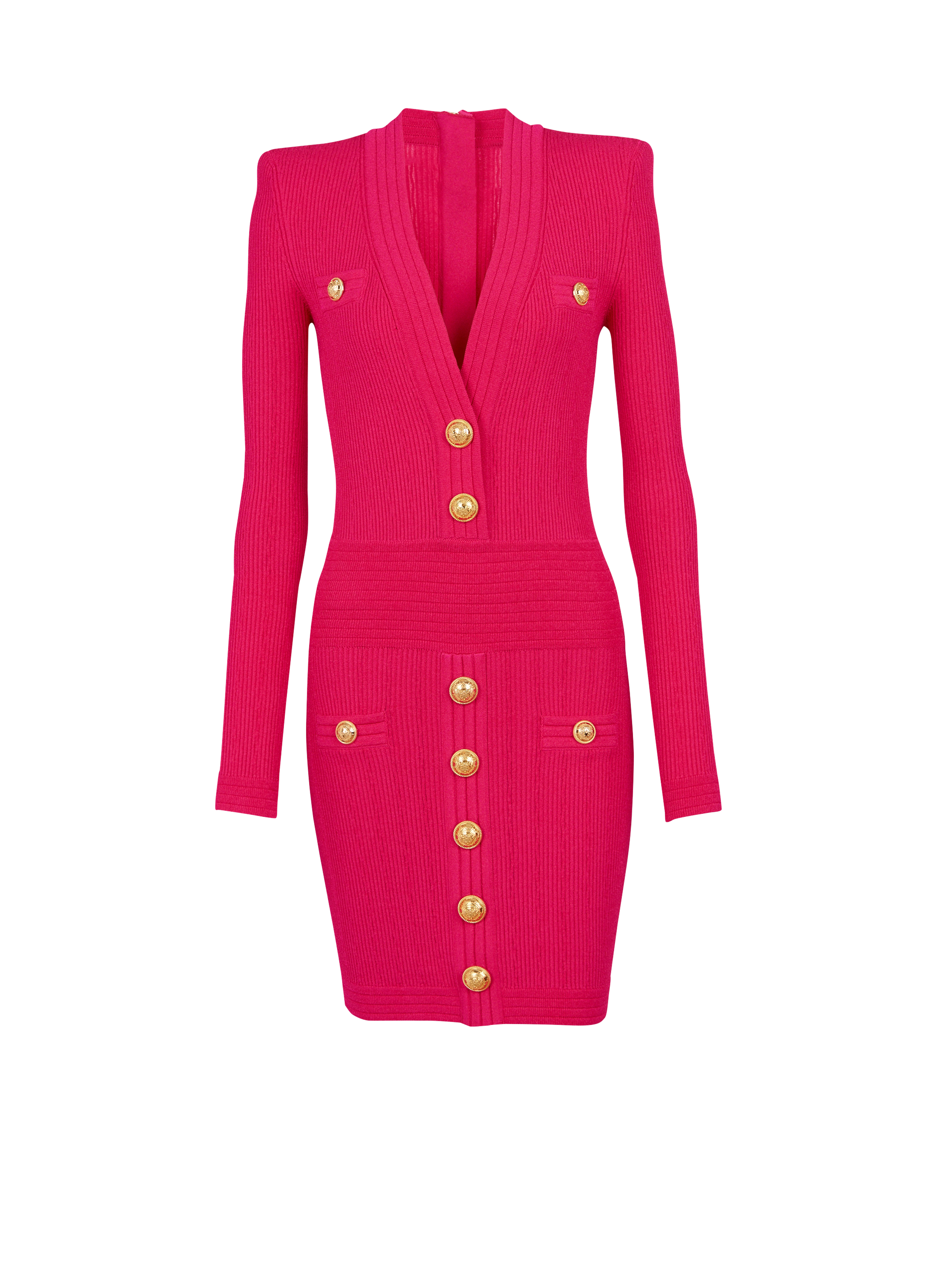 Short eco-designed knit dress with gold-tone buttons, pink