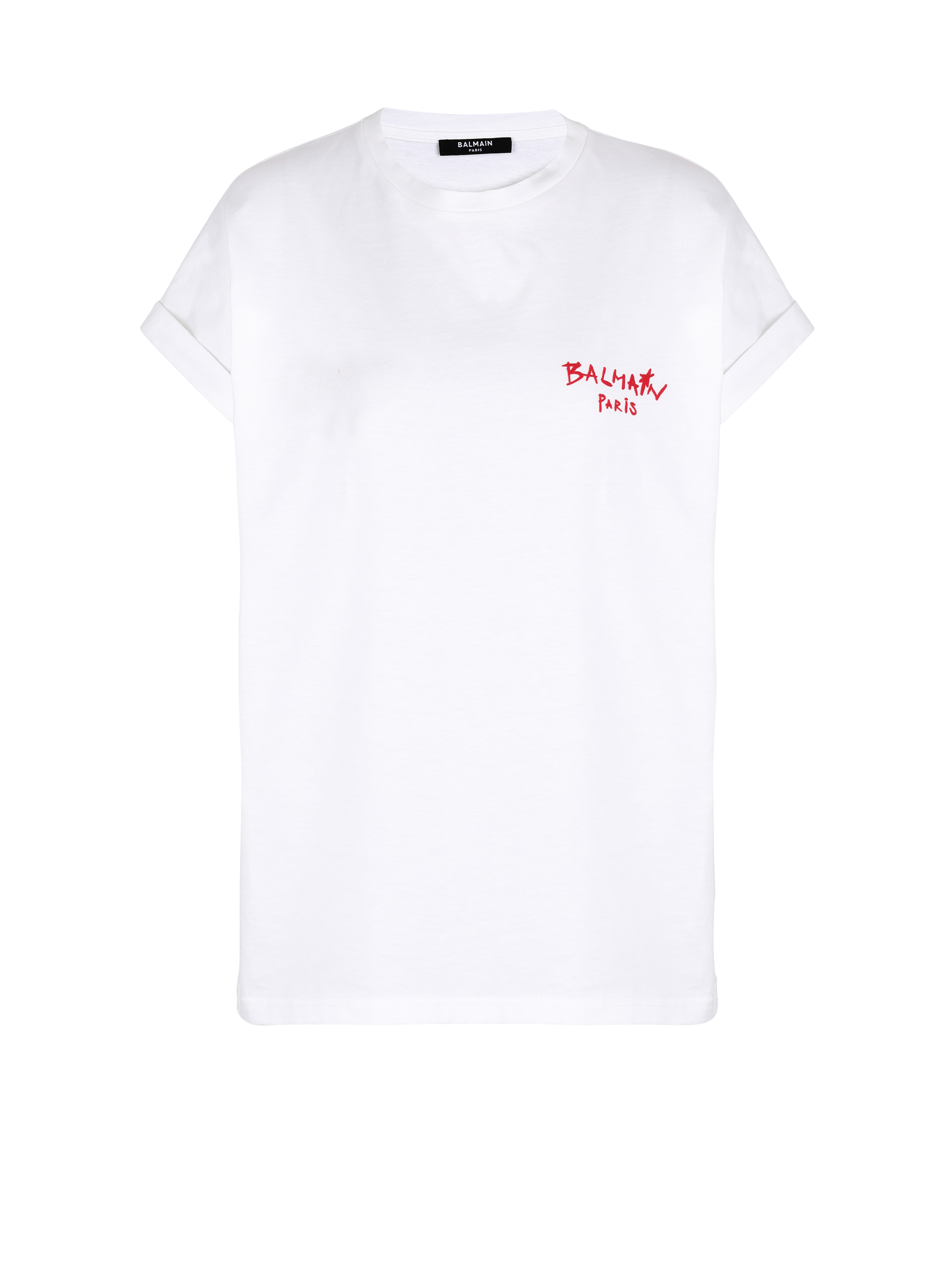 T-shirt en coton floqué petit logo graffiti Balmain, blanc