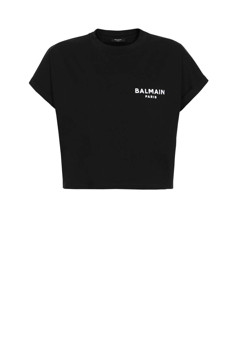 T-shirt court en coton floqué petit logo Balmain, noir, hi-res