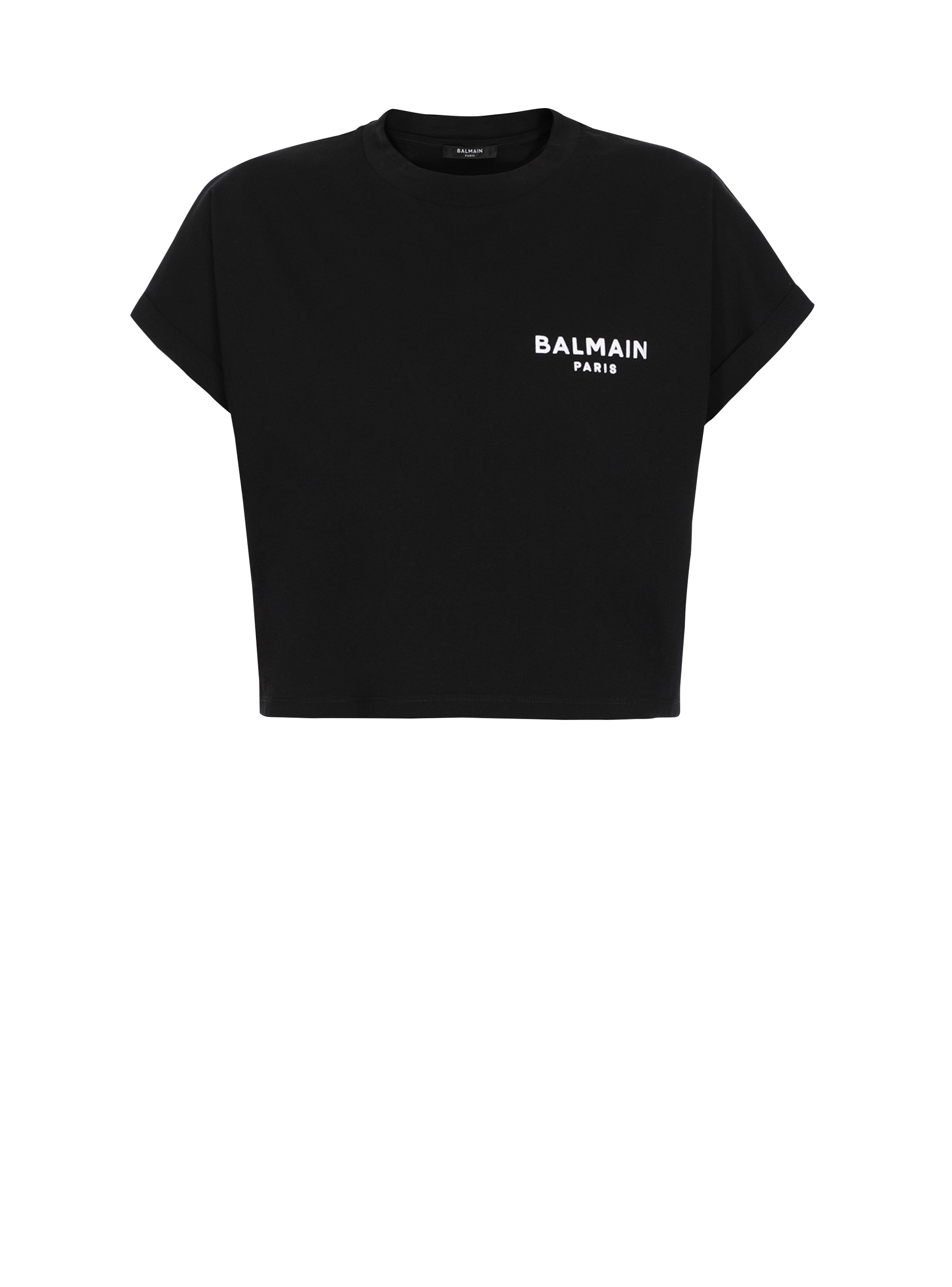 T-shirt court en coton floqué petit logo Balmain, noir