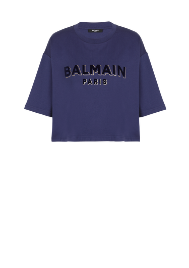 Cropped cotton T-shirt with flocked metallic Balmain logo