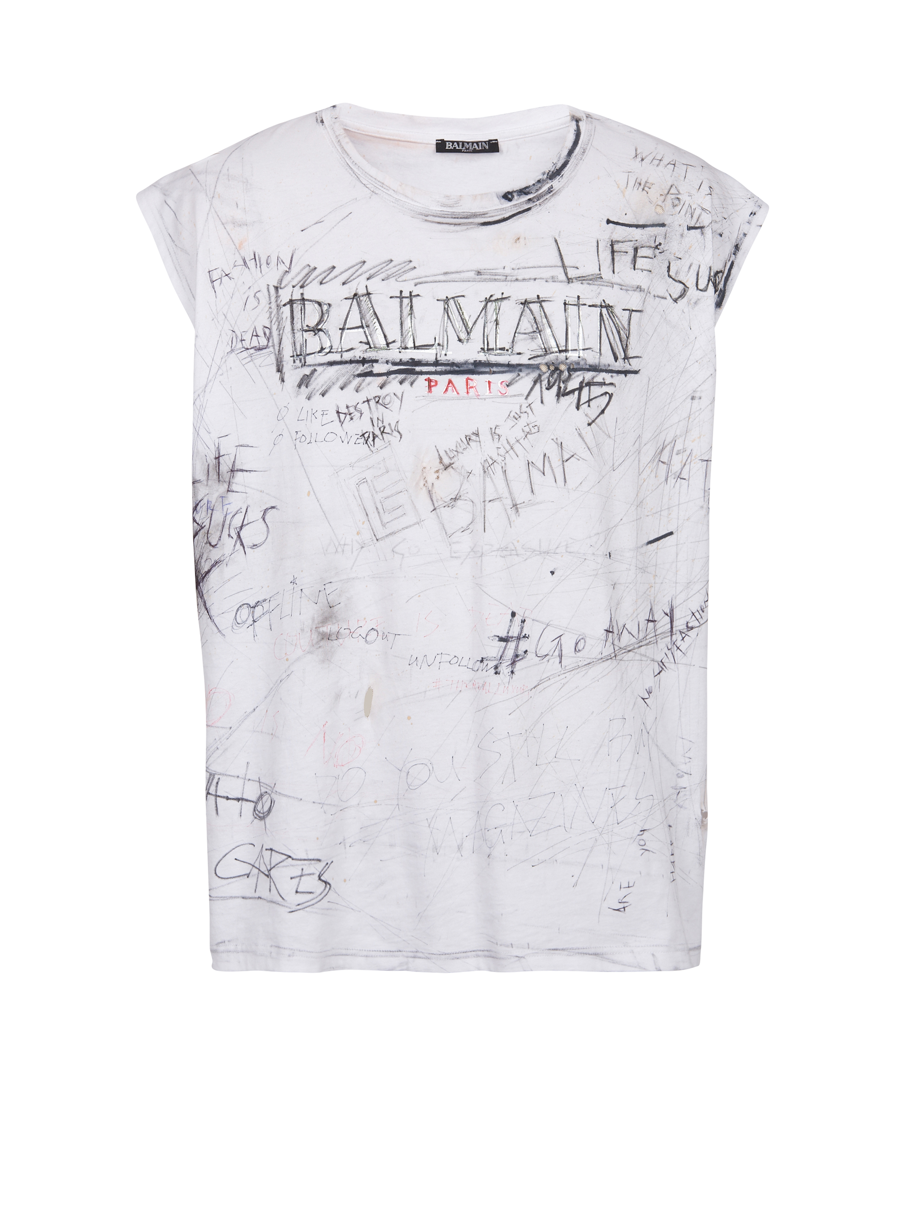 Unisexe - T-shirt vintage à graffitis imprimé logo Balmain, blanc