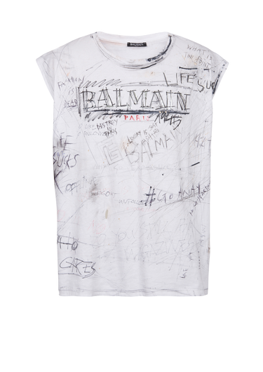 Unisexe - T-shirt vintage à graffitis imprimé logo Balmain