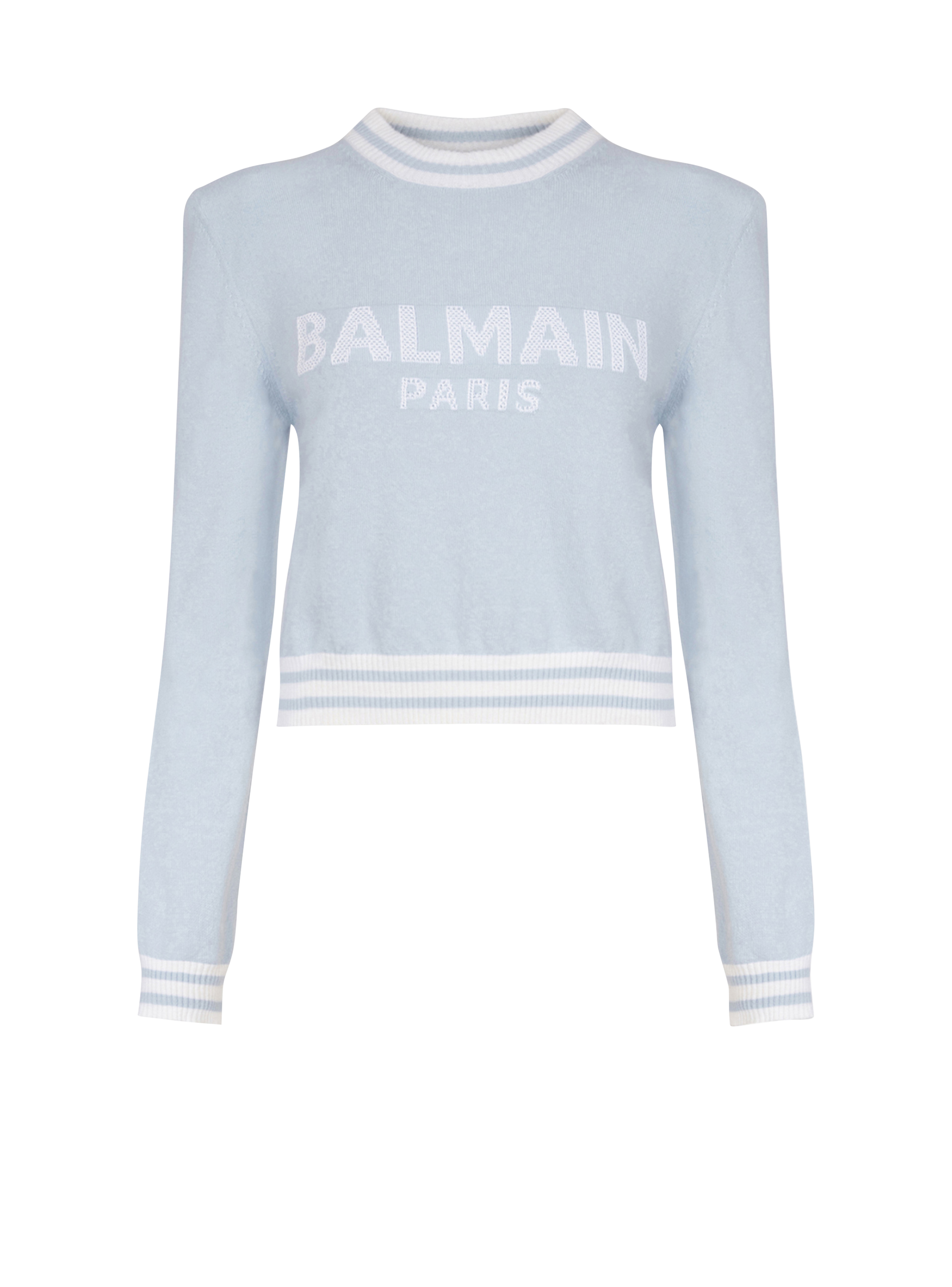 Sweat court en laine avec logo Balmain, bleu