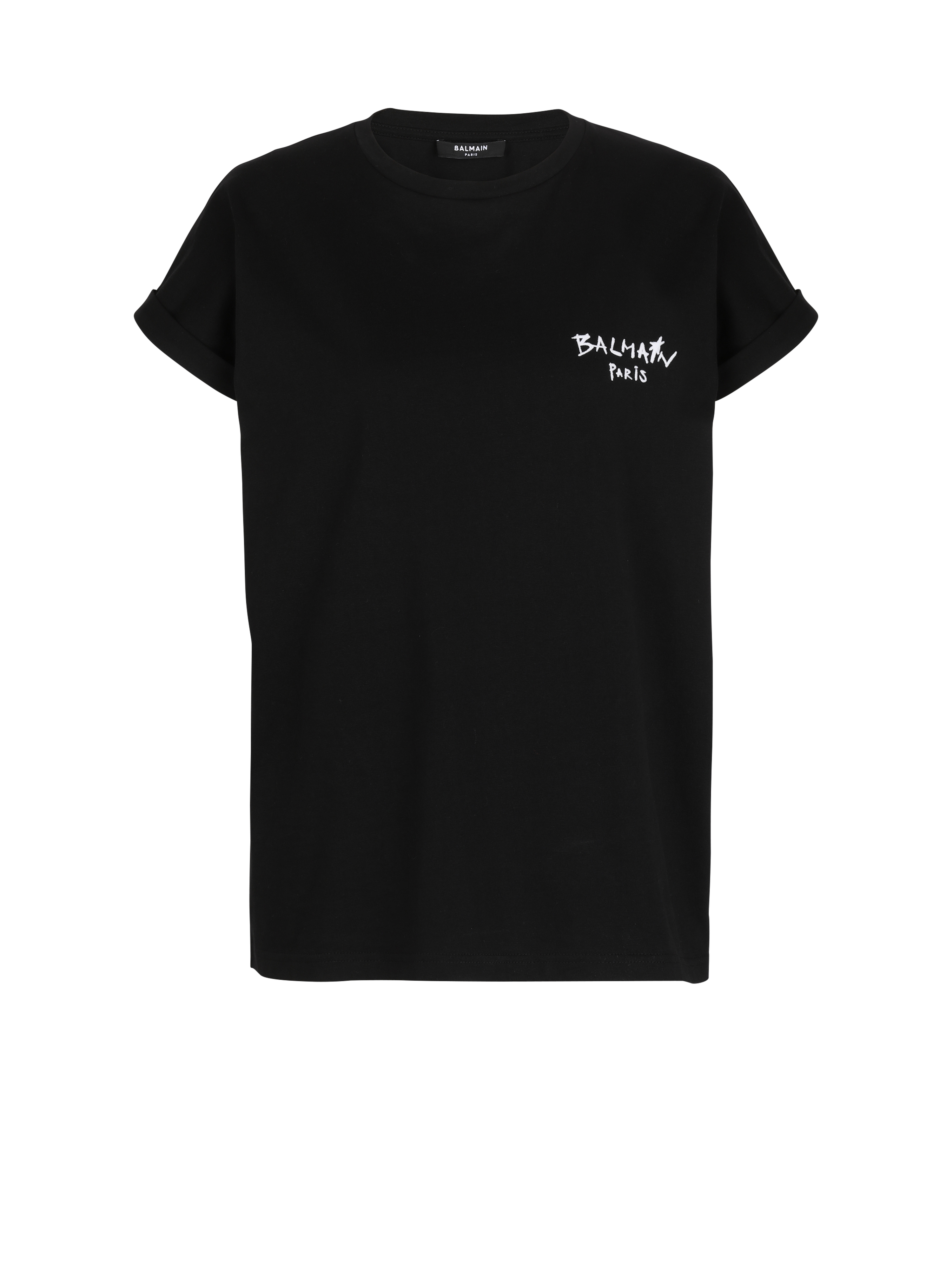 T-shirt en coton floqué petit logo graffiti Balmain, noir